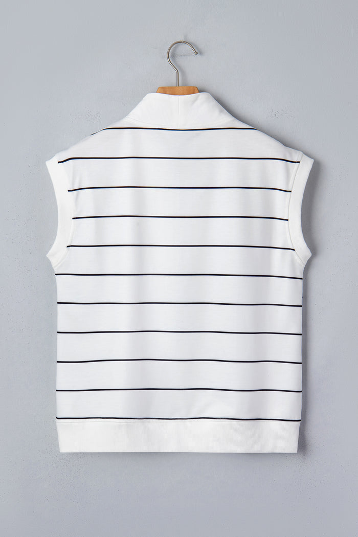 White Stripe Color Block Zip V Neck Sleeveless Top
