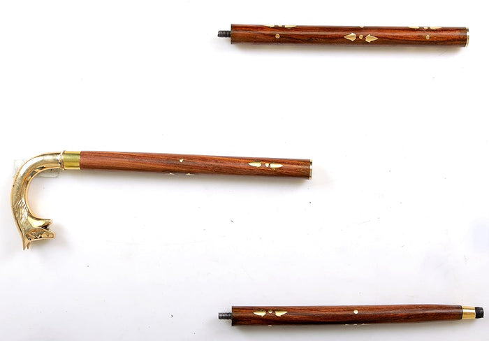 White Whale Fox Walking Stick - Men Derby Canes and Wooden Walking Stick for Men and Women - 37" Brown Ebony Brass Handle in Golden Tone Natural Wood Unisex Cane