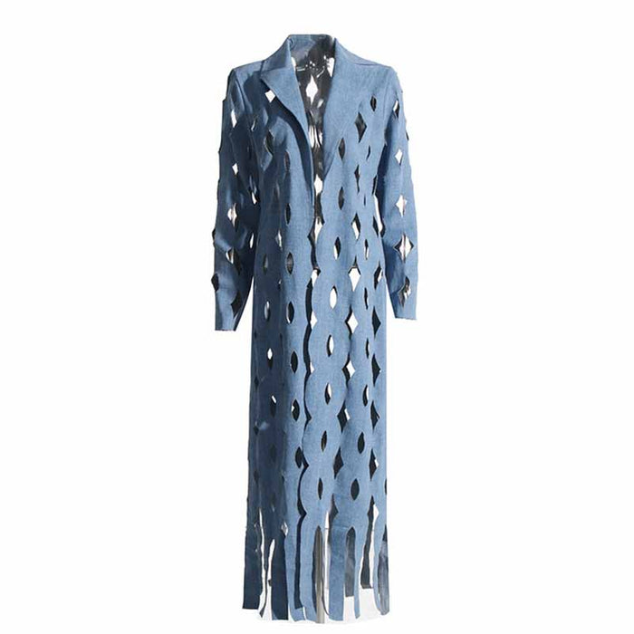 Women's Hollowed tassel long denim jacket fashion coat